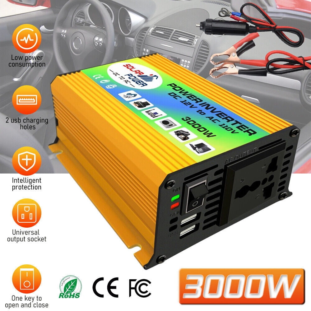 3000W Car Power Inverter DC 12V To AC 110V Sine Wave Solar Converter Dual USB US