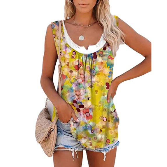 Uhndy Women's Print Vest Bohemian Print Fashion Sleeveless Vest, Ladies Pleated Round Neck Casual Loose top Women T-shirts for Summer