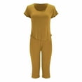 thumbnail image 4 of FUNUONY Women's2 Piece Pajamas Set Ribbed Knit Loungewear Casual Outfits Short Sleeve Tops and Wide Leg Pants Set Solid Color Pajamas Round Neck Short Sleeved Pajamas and Capris Pajama Set, 4 of 5