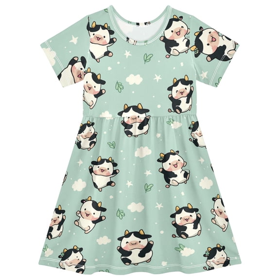 Cute Cow Short Sleeve Dress A-Line Cute Midi Casual Sundress 2-8 Years
