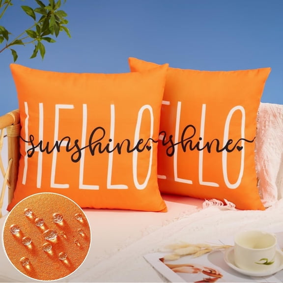 Outdoor Pillow Covers 18x18 Inch Set of 2 Hello Sunshine Decor Orange Waterproof Throw Pillow Covers Fall Outdoor Waterproof Pillow Covers Decor for Patio Funiture Garden Sofa Couch 020C18