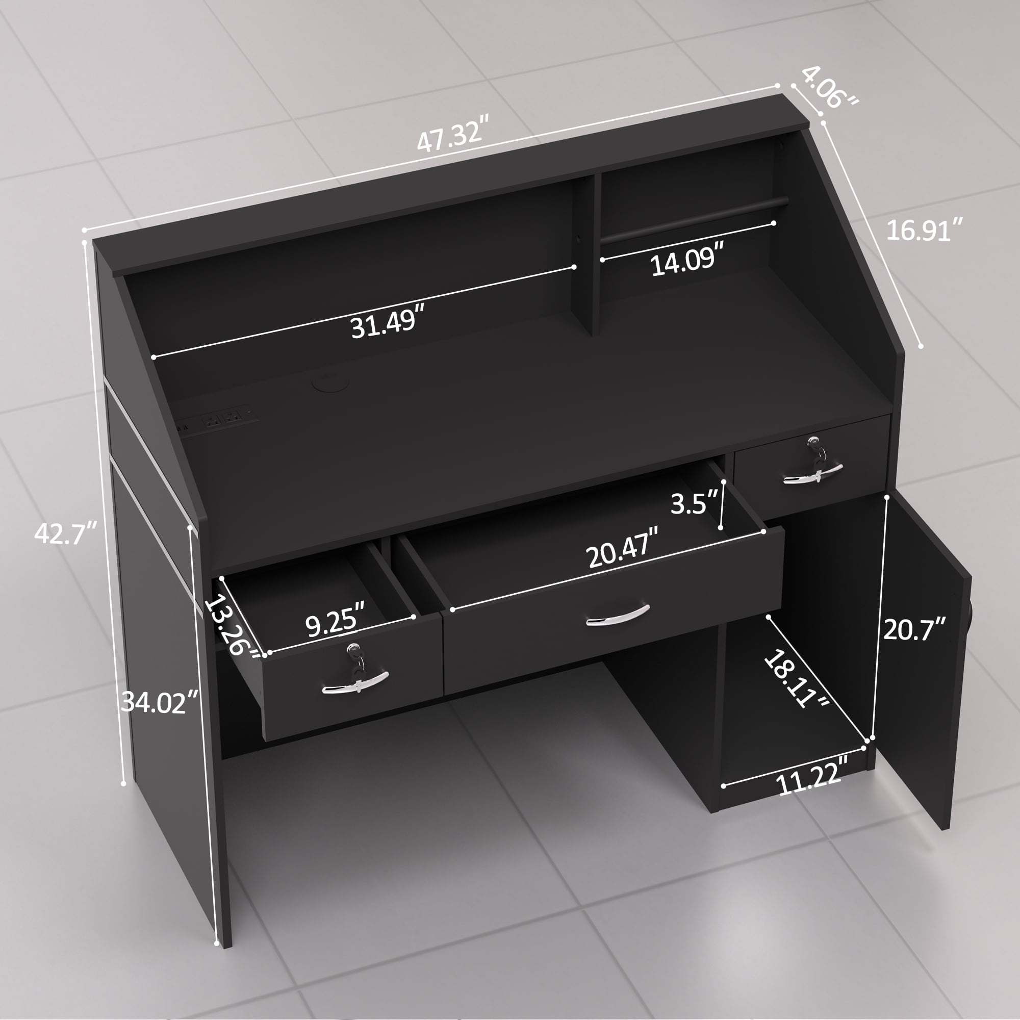 HARIPUL 50-inch Reception Desk with Counter, Front Desk Office Desk with Storage Shelves, Black