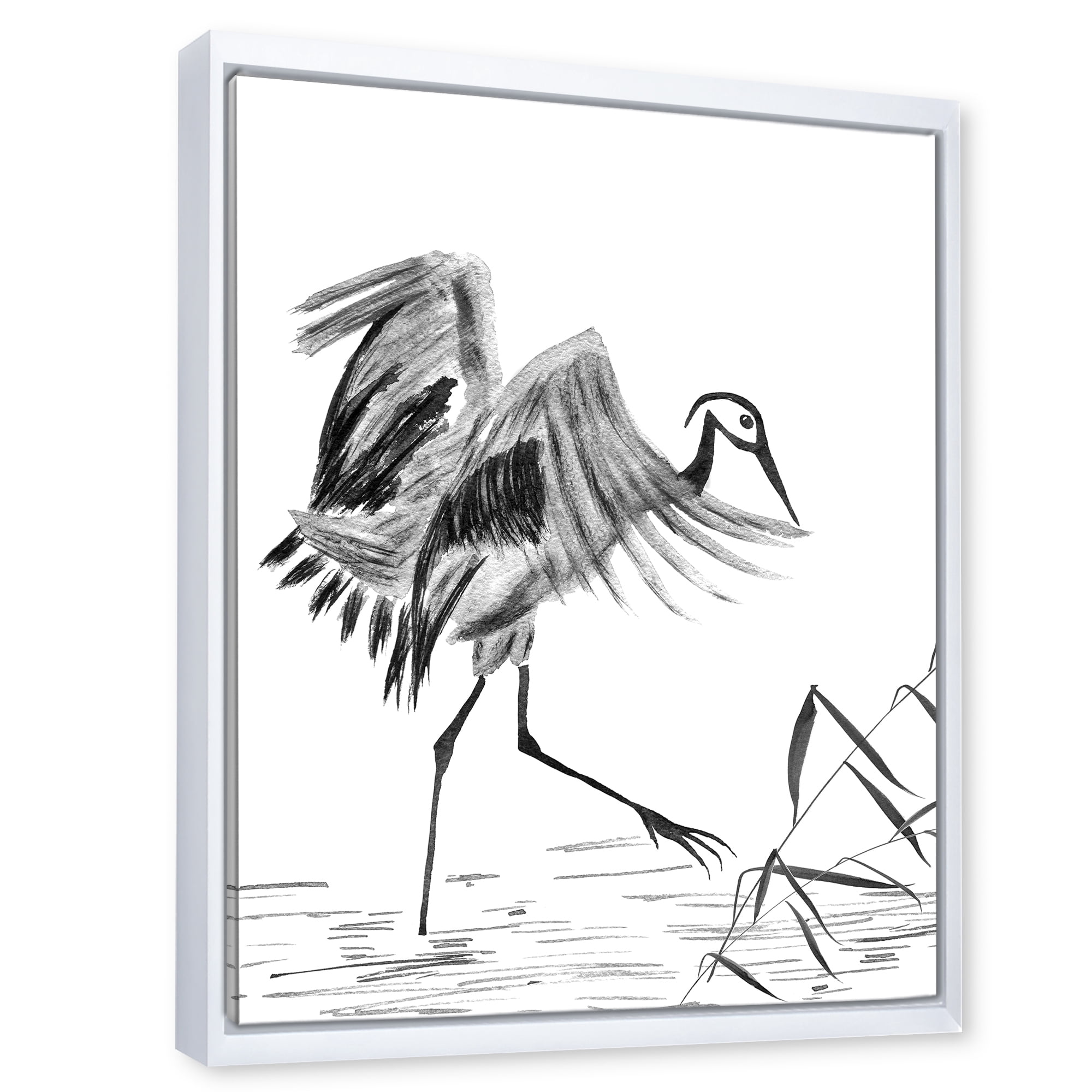 Designart 'Monochrome Japanese Oriental Crane Bird' Traditional Framed Canvas Wall Art Print