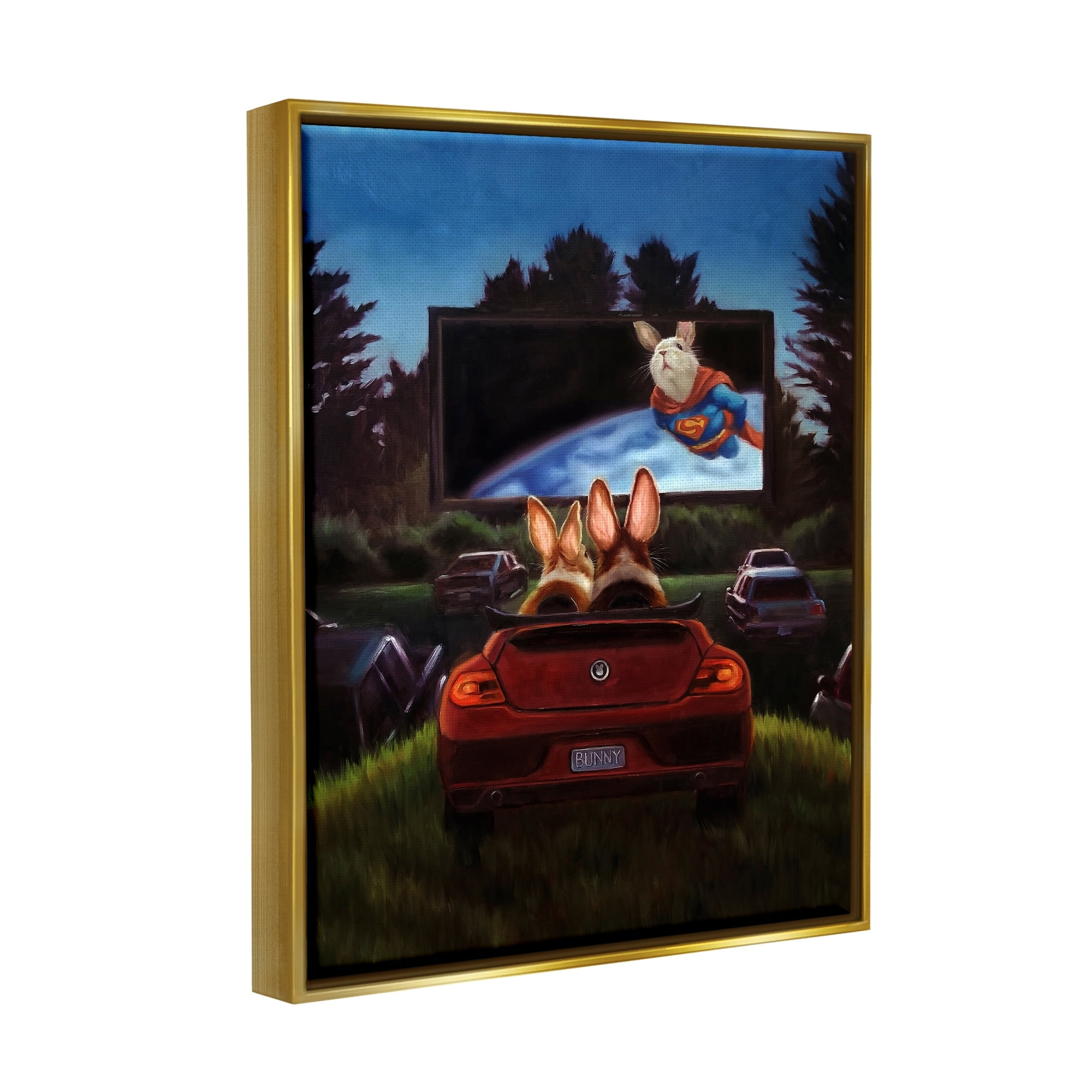 Stupell Industries Romantic Bunny Couple Drive-In Movie Date Animals Painting Metallic Gold Floating Framed Canvas Print Wall Art, Design by Lucia Heffernan