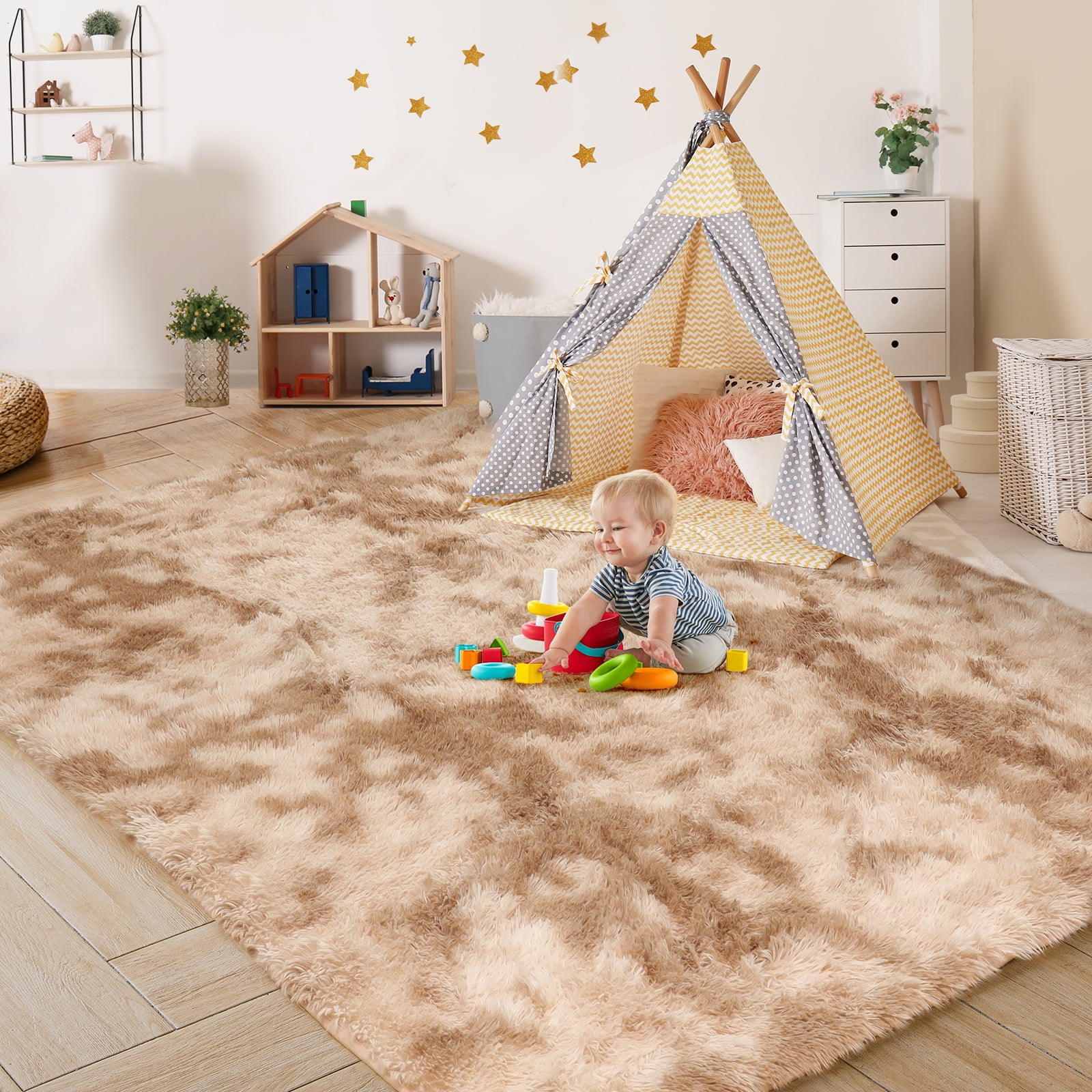 ZRSDIXK Area Rug, 8' x 10' Soft Fluffy Area Rugs for Living Room Bedroom Kids Room Decor Carpet, Light Brown/Camel
