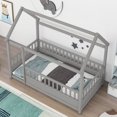 thumbnail image 4 of Oufan Twin Size House Floor Bed,Wooden Montessori Bed with House Roof Frame and Fence Guardrails,Twin Bed Frame for Boys, Girls, Gray, 4 of 10