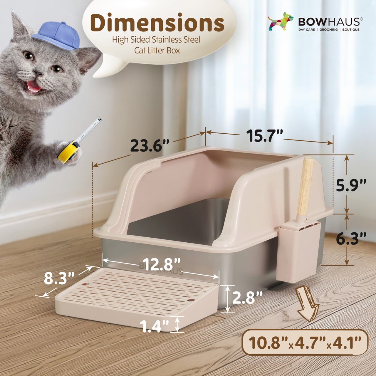 CAPHAUS XL Enclosed Stainless Steel Cat Litter Box with Lid, Extra Large High Sided Metal Cat Litter Pan w/ Scoop, Odor Control Design, Easy Clean & Anti-Leakage, High Sided Steel Litter Box, Beige