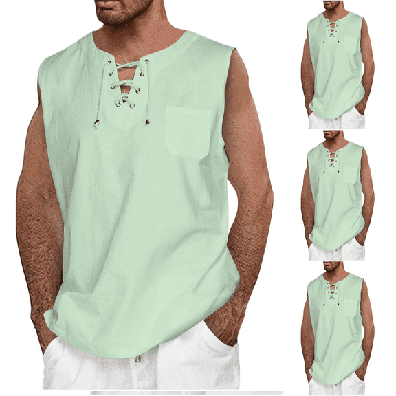 EQWLJWE Men's 3 Pack Cotton Linen Tank Top Shirts Casual Sleeveless Lace Up Beach Hippie Tops Bohemian Renaissance Pirate Tunic