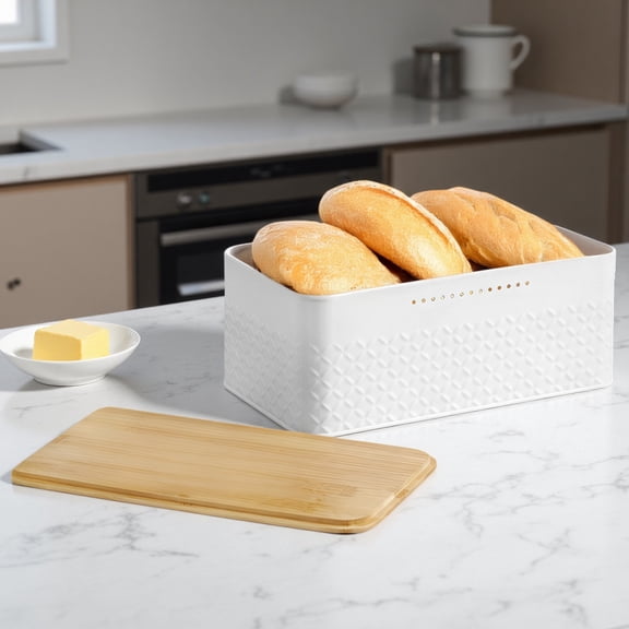 Bread Box for Kitchen Countertop, White Metal Bread Storage Container with Wood Lid, 13.2 x 7.6 x 5.3 in, Usable as Cutting Board