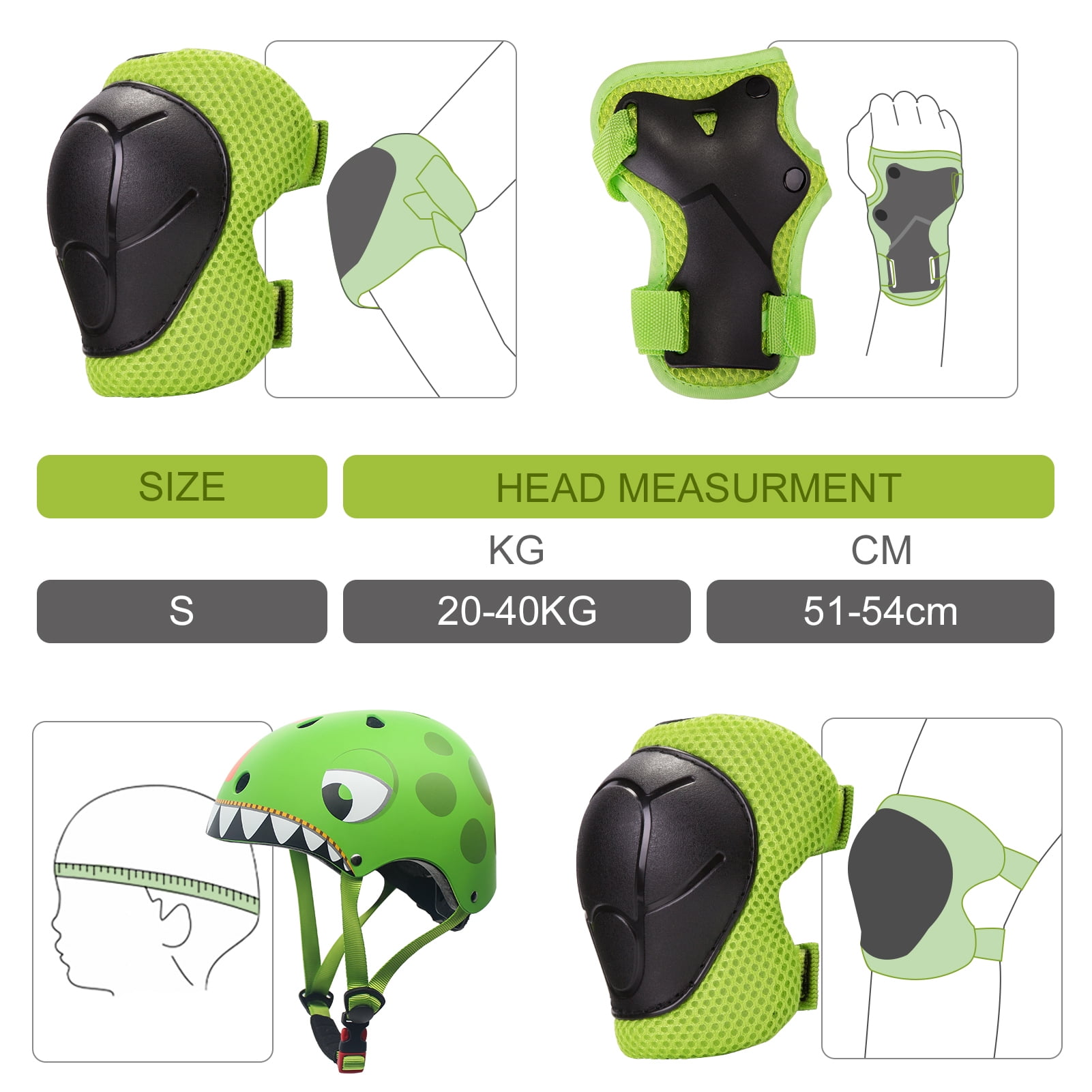 Wdmiya Kids Bike Helmet Toddler Helmet, Multi-Sport Protective Gear Set for 2-8 Years Boys Girls Child, Cycling Helmet with Knee Pads Elbow Pads Wrist Guards, Green Dinosaur