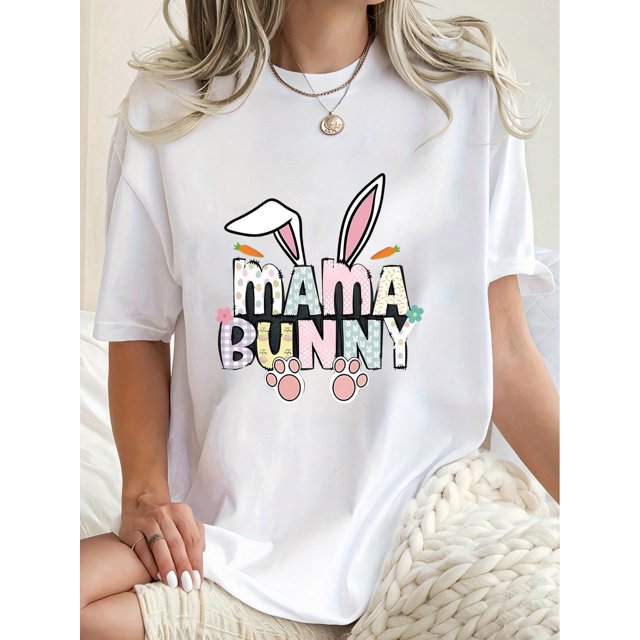 T-shirt Graphique "Mama Bunny" pour Femmes - Col Rond Décontracté et Sportif, Manches Courtes, Haut d'Été en Mélange de Polyester Confortable avec Design Oreilles de Carotte et Lapin Colorées