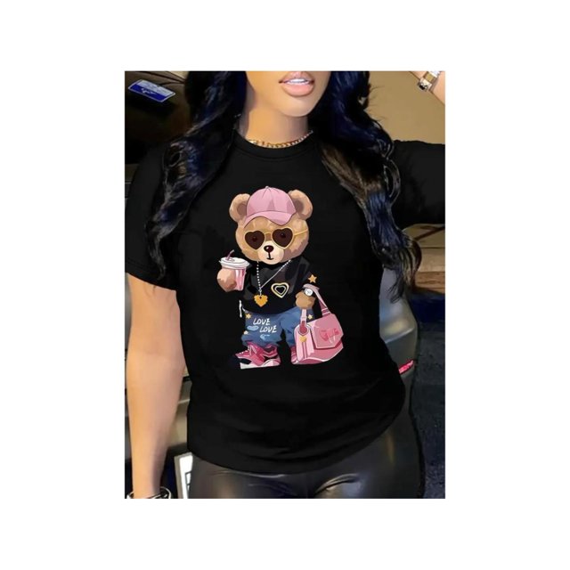 Women's Casual Cartoon Bear Graphic T-Shirt -Black Short Sleeve Round Neck All-Season Stylish Accessories Design Casual Wear Playful Design Comfortable Fit