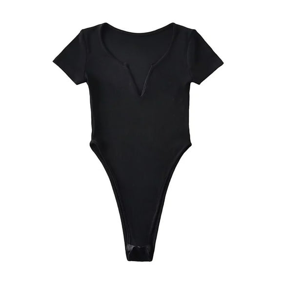 GA WEIHUA Saving,Women's Slim-Fit Bodysuit Notch V Neck Short Sleeve Bodysuits Basic Slim Fit Comfy Lightweight Layering Top Tummy Control Seamless Body Suit(Black,M)