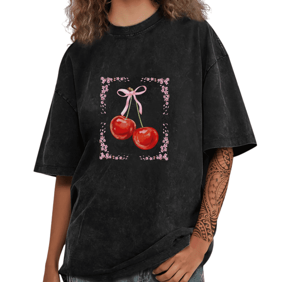 Black Washed Summer Fruit Cherry Print Tshirt Graphic Tees Pink Floral Frame Shirts S-2XL Tops