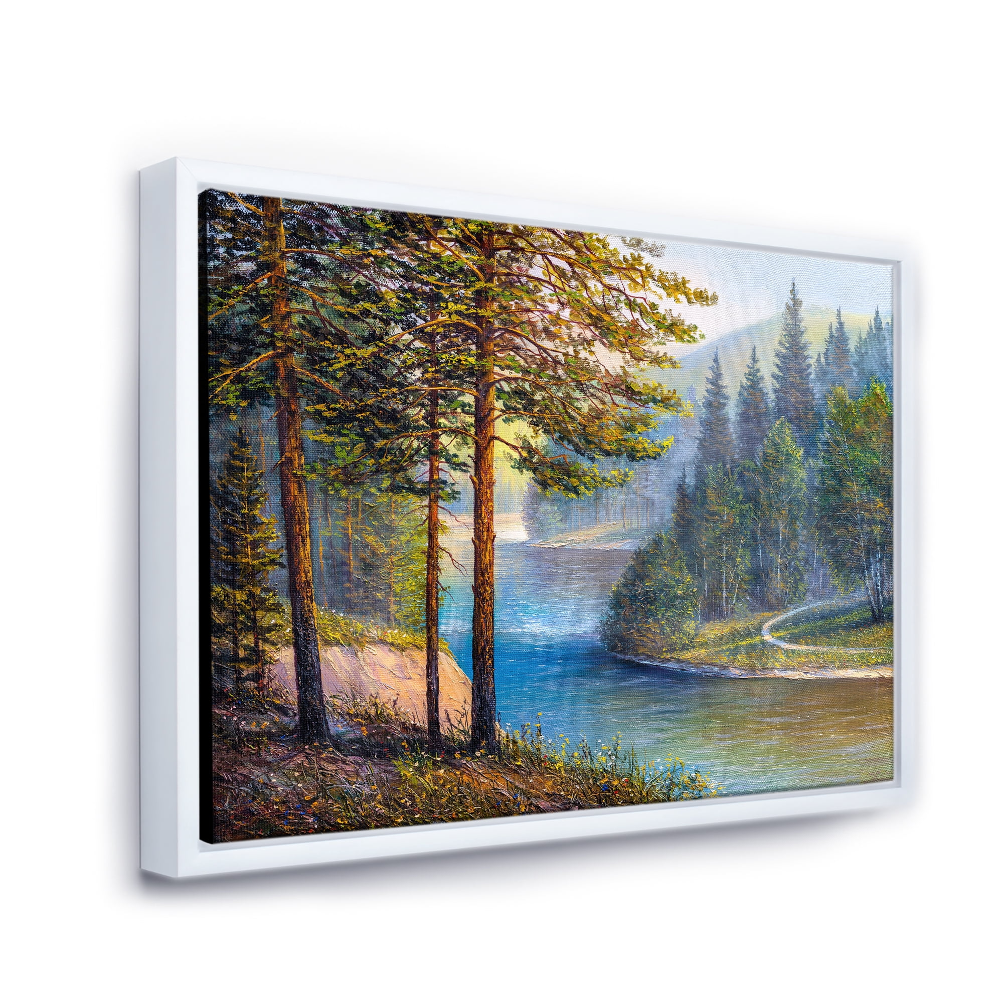 Designart 'Sunrise Glow Through The Pine & Fir Forest' Lake House Framed Canvas Wall Art Print