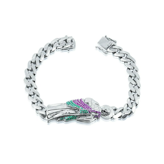 Rhodium Plated 925 Sterling Silver St Jude Red & Green Cuban 9.5mm Bracelet 8" Jewelry Female Unisex