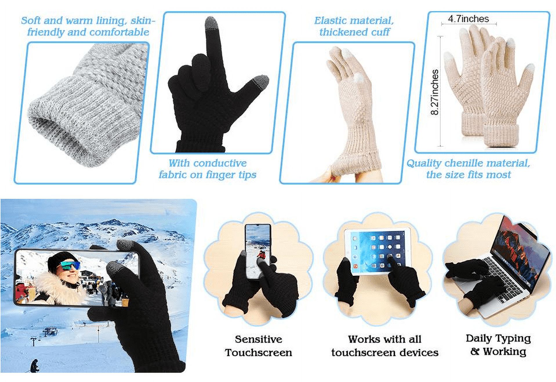 Gants D'hiver Femme écran Tactile - Tricot Thermique Imitation Laine - Coupe-vent, Chauds - Taille Unique élastique - Pour Sport, Plein Air - 4