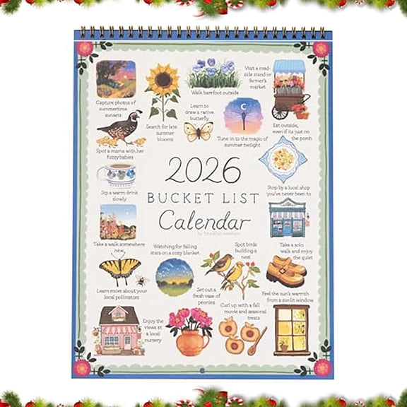 2026 New Bucket List Calendar with lllustrated Pages - Inspirational Goal Setting Wall Calendar with Monthly Prompts & Motivational Artwork, Spiral Bound for Mindful Living & Adventure Planning