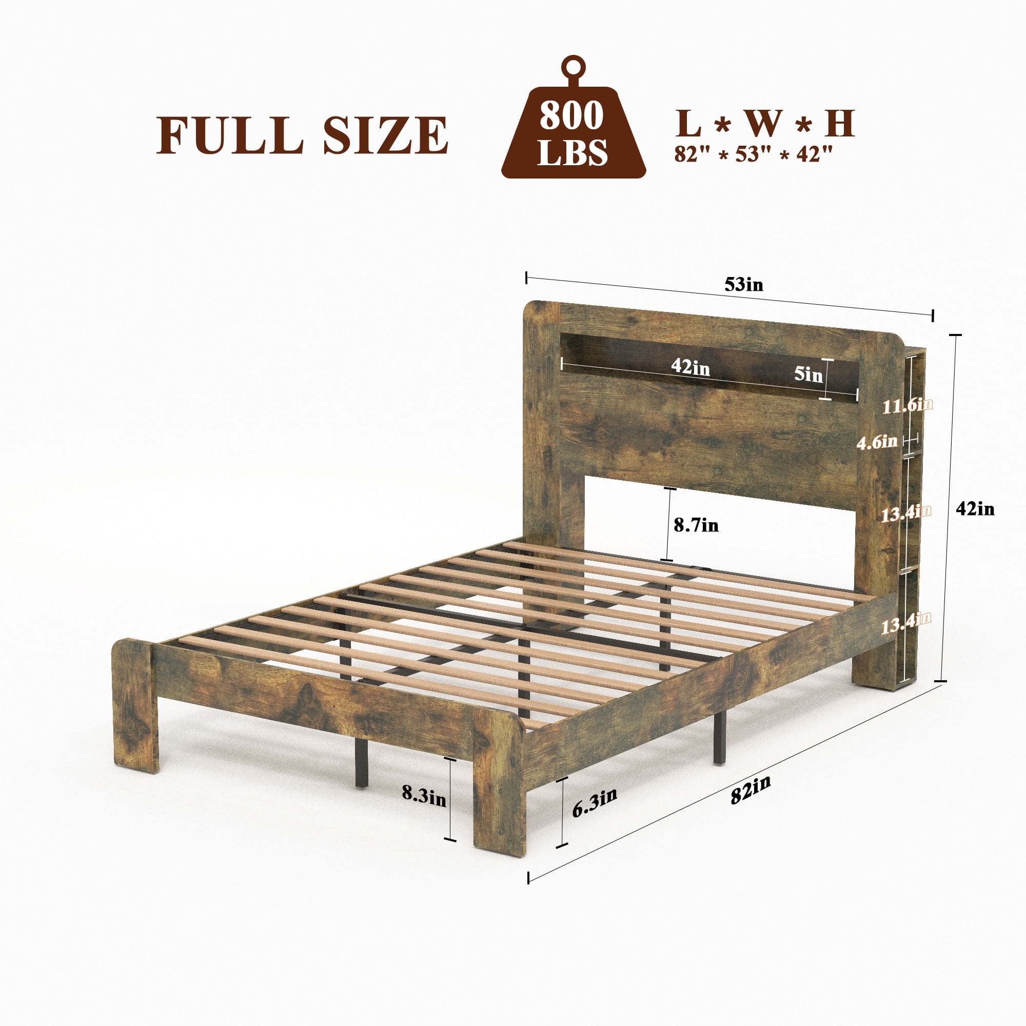 BSHTI Full Wood Platform Bed Frame with Storage Headboard, Side Shelves, LED Lights, USB Ports, No Box Spring Needed(Vintage Brown)