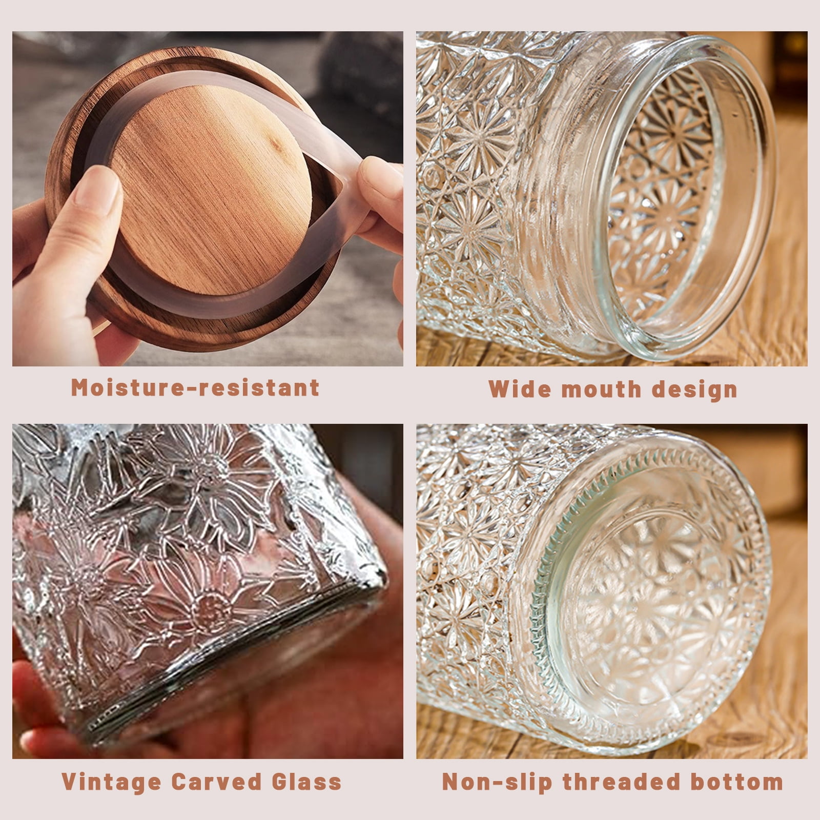 24 OZ/6PCS Glass Storage Jar with Airtight Bamboo Wooden Lids,Vintage Food Containers Canisters Sets for Kitchen Counter Pantry,Sugar,Flour,Candy,Tea,Coffee Beans,Oats,Grain Bin