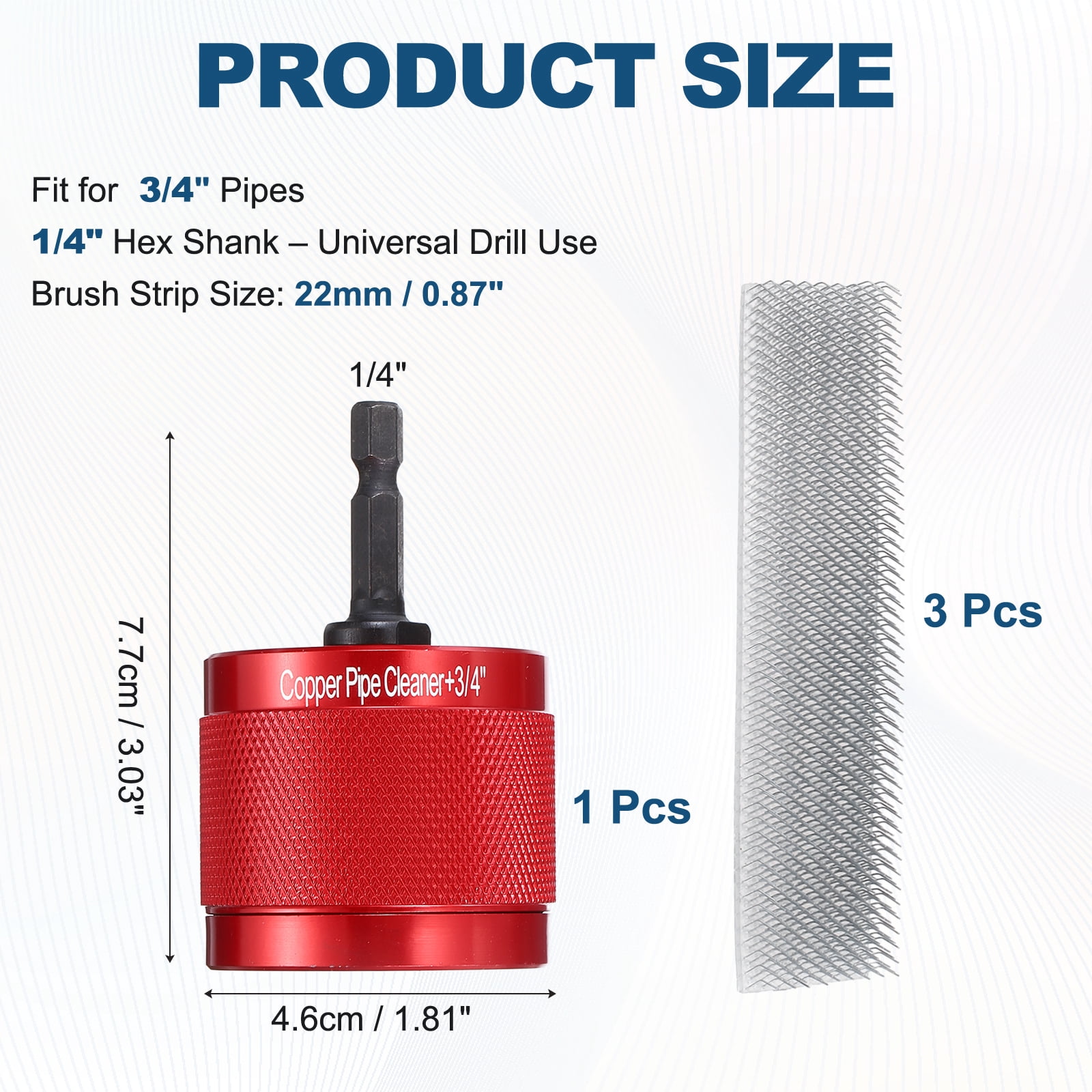 Uxcell 3/4" 1/4" Metal Copper Pipe Cleaner Set, Hex Shank Drill Powered Pipe Brush Replacement Plumbing Tools with 3 Brushes for Removing Dust Rust Copper Various Metal Pipes, Red