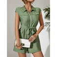 thumbnail image 2 of Womens Comfy Jumpsuit Solid Elegant Zipper Lapel V Neck Short Sleeve Top Casual Bow Tie Waist Loose Shorts One Piece Rompers(XS,Green), 2 of 5