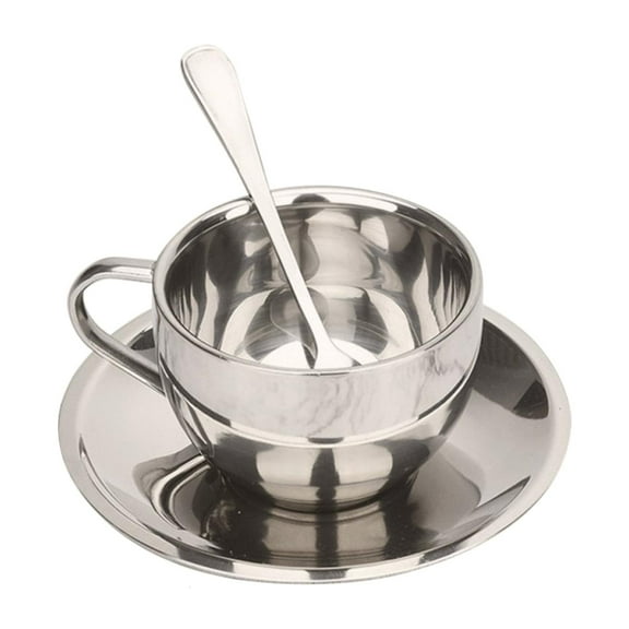 Yammee Stainless Steel Coffee Cup Set Double Walled Coffee Mugs with Saucer and Spoon