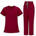 thumbnail image 5 of Hfnxid 2 Piece Scrubs Set for Women Solid Color Nurse Working Uniform Henley Short Sleeve Top and Wide Leg Pants Suit, 5 of 5
