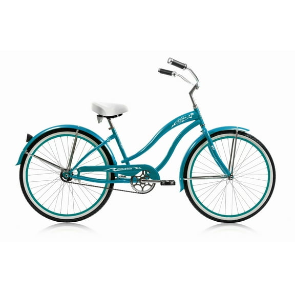 Wonder Wheels 26 In. Beach Cruiser Coaster Brake Single Speed Bicycle, Bike, Stainless Steel Spokes One Piece Crank Alloy Turquoise Rim 36 H With Fender - Turquoise