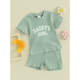 thumbnail image 3 of Liacowi 2Pcs Kids Girls Summer Clothes Toddler Baby Girl Beach Outfit 6M 1T 2T 3T Letter Print Short Sleeve Round Neck T-Shirt +Ribbed Shorts, 3 of 9