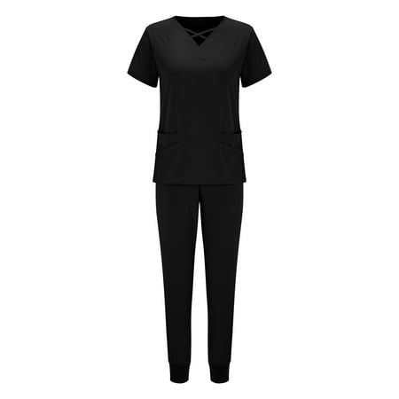

Scrubs For Women Set Stretchy Plus Size Short Sleeve V-Neck Tops Pants joggers Tall Nursing Working Uniform