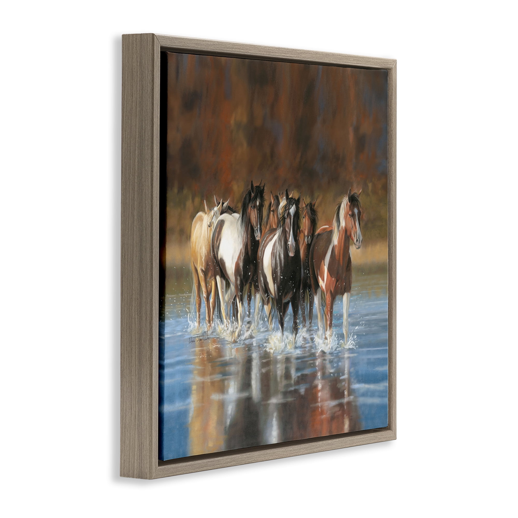 Stupell Industries River & Horses Scenery Animals & Insects Painting Brown Floater Framed Canvas Art Print Wall Art, 18 x 18