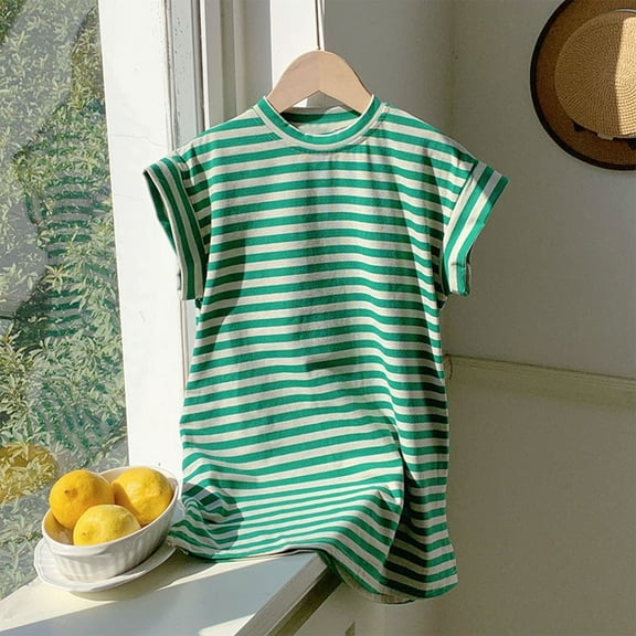 Tshirts Dresses for Girls 1-11 Years Toddlers Kids Cute Stripe Printed Cap Sleeve Crew Neck Pullover Casual Side Slit Mini Dress