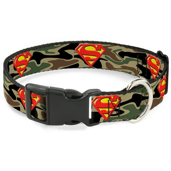 DC Comics Pet Collar, Dog Collar Plastic Buckle, Superman Shield Camo Olive, 13 to 17 Inches 1.5 Inch Wide