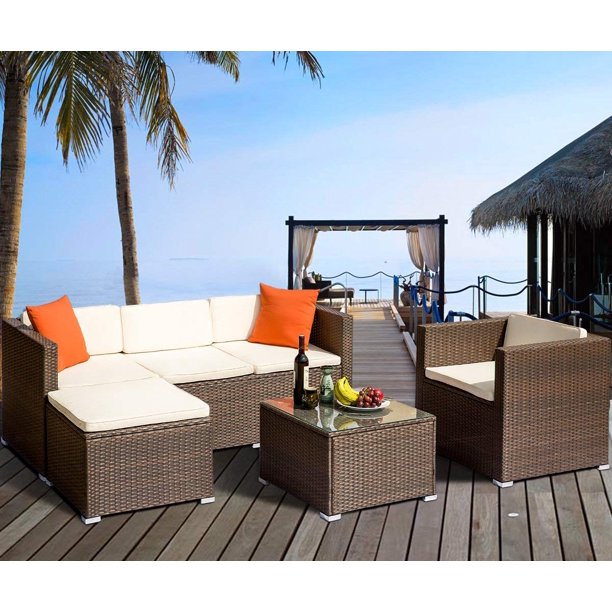 BTMWAY 4 Pieces Sectional Patio Furniture Set, Contemporary Outdoor Wicker Patio Lounge Sofa Set 