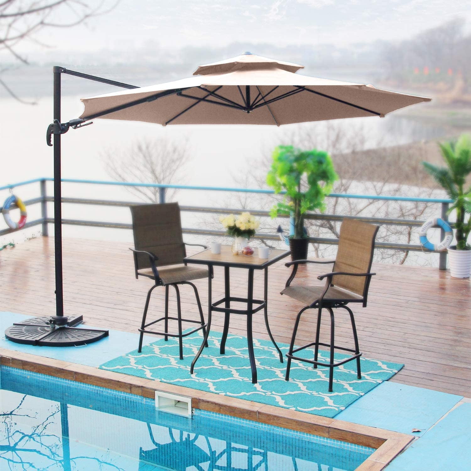 MF Studio 11ft Offset Cantilever Umbrella Double Top Deluxe Outdoor Patio Market Umbrella, 360 Degree Rotation with Cross Base, Beige