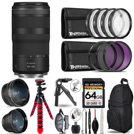 Canon RF 100-400mm f/5.6-8 IS USM Lens - 3 Lens Kit + Tripod + Backpack - 64GB Accessory Bundle