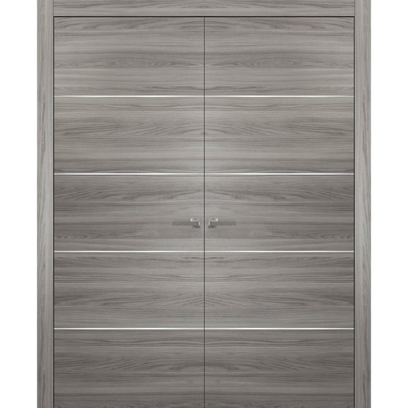 Grey Modern French Doors 60 x 80 with Moldings | Planum 0020 Ginger Ash | Frame Trims Lever Satin Nickel Hardware | Closet Solid Core Pre-hung Door