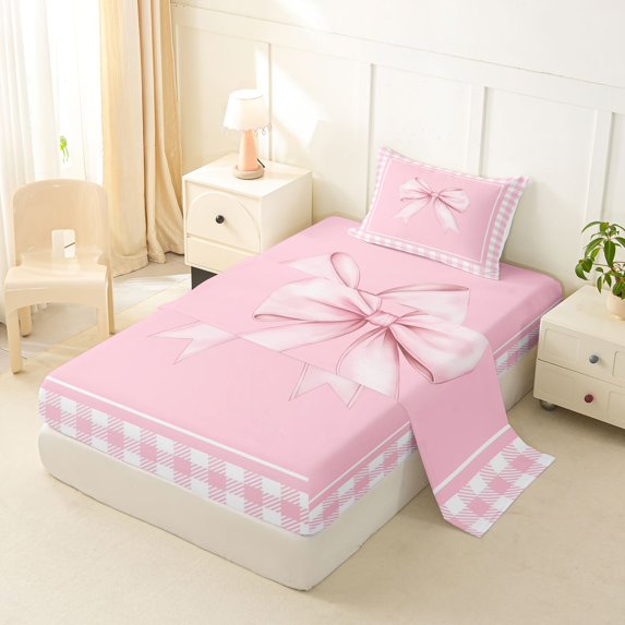 Erosebridal Pink Grid Bow Twin Sheet Sets, Watercolor Princess Bow Bedding for Women Girls, 3 Pieces