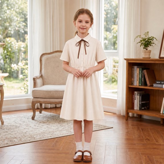 Angala College Style Dress For Girls Short Sleeve Notch Neck Solid Color With Bowknot Girls Back To School Dresses