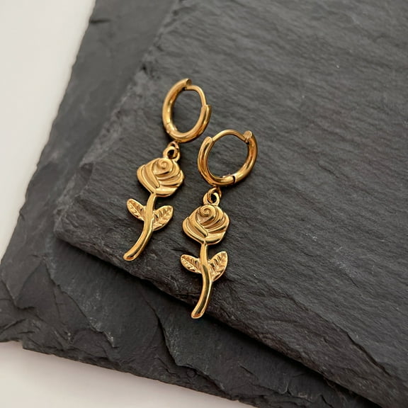 Sunyuer Gold Dainty Rose Earrings 18K Gold Plated Floral Huggie Hoop Earrings for Women Hypoallergenic Earrings Birthday/Christmas Gifts