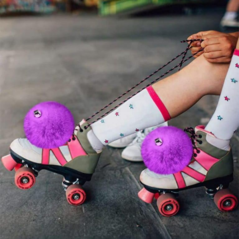 2 Pieces Large Roller Skate Pom Poms for Women Girls Princess Fluffy Tie-on  Roller Skate Pom Poms with Jingle Bells Fuzzy Pom Poms Quad Roller Skate