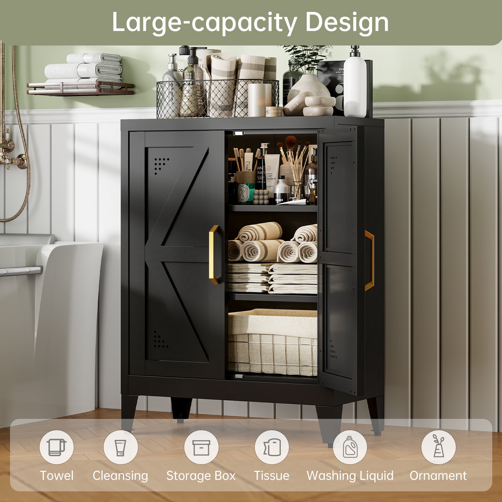 JHYKFG 32"Metal Pantry Storage Cabinet,Freestanding Sideboard with 2 Adjustable Shelves for Small Spaces, Living Room, Hallway, Dining Room,Black