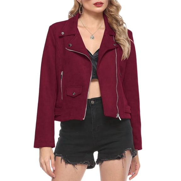 Women's Faux Leather Moto Biker Short Coat Jacket Wine Red M