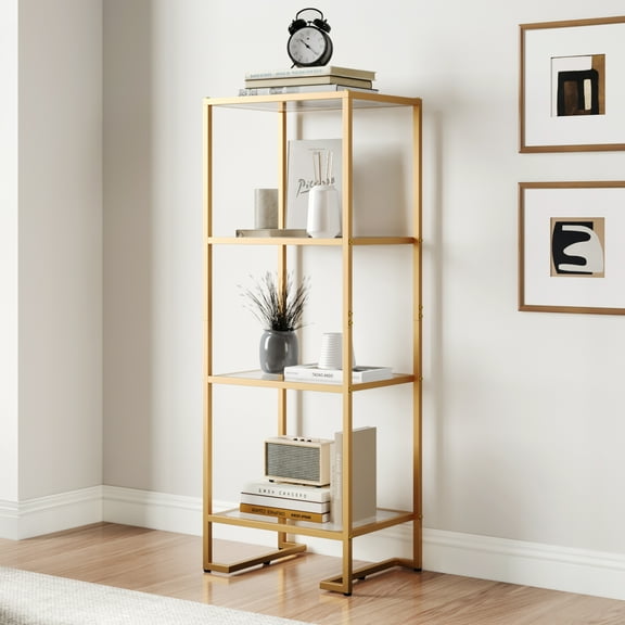 4-Tier Tempered Glass Display Shelf Bookshelf, Modern Open Shelf Bookshelf, Slim Shelving Unit Bookcase for Living Room, Home Office, Bedroom, Golden