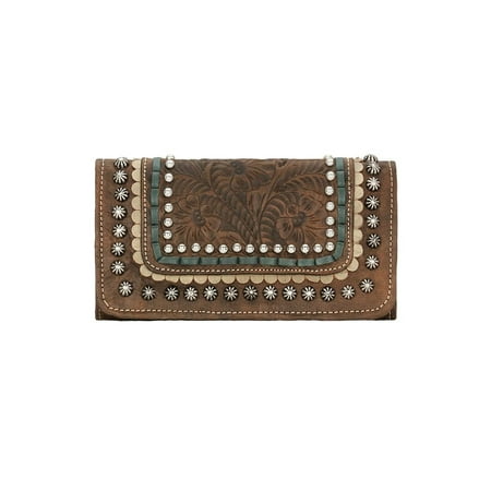American West 2183282 Blue Ridge Ladies Tri-fold Wallet, Distressed Charcoal Brown, Sand & Turquoise