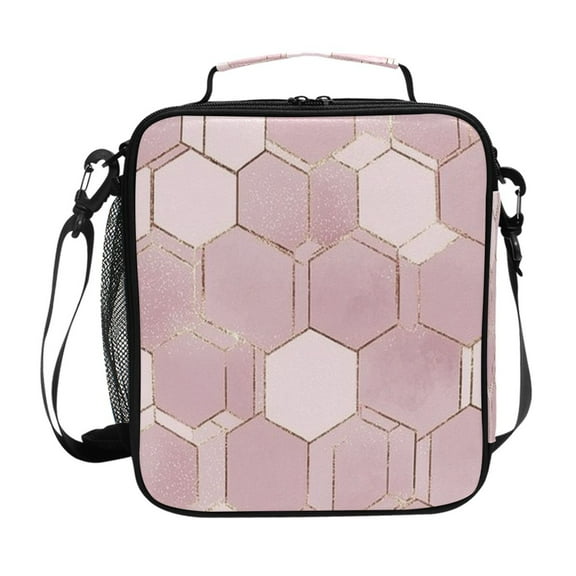 Insulated Square Lunch Bag 10.5" Leakproof Food Container Reusable Insulated Cooler Lunch Box for Work Picnic Blush Pink Hexagon