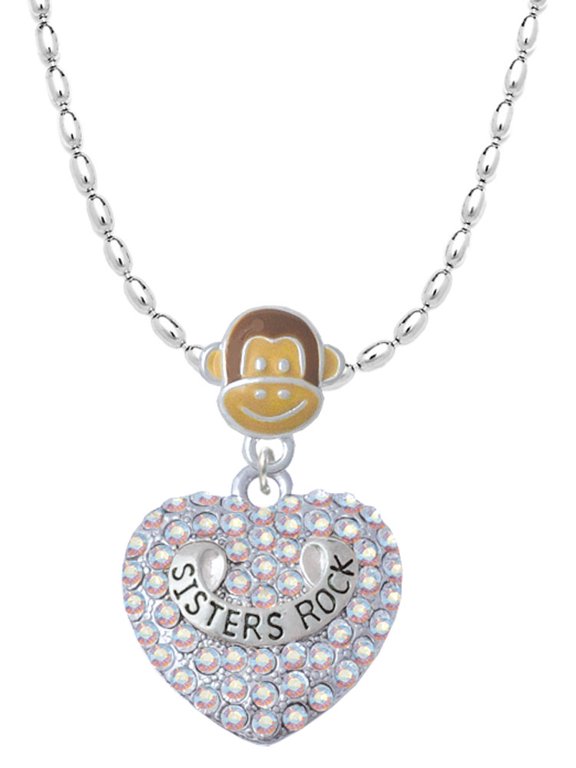 Silvertone Sisters Rock on AB Crystal Heart Mia Monkey Charm Necklace