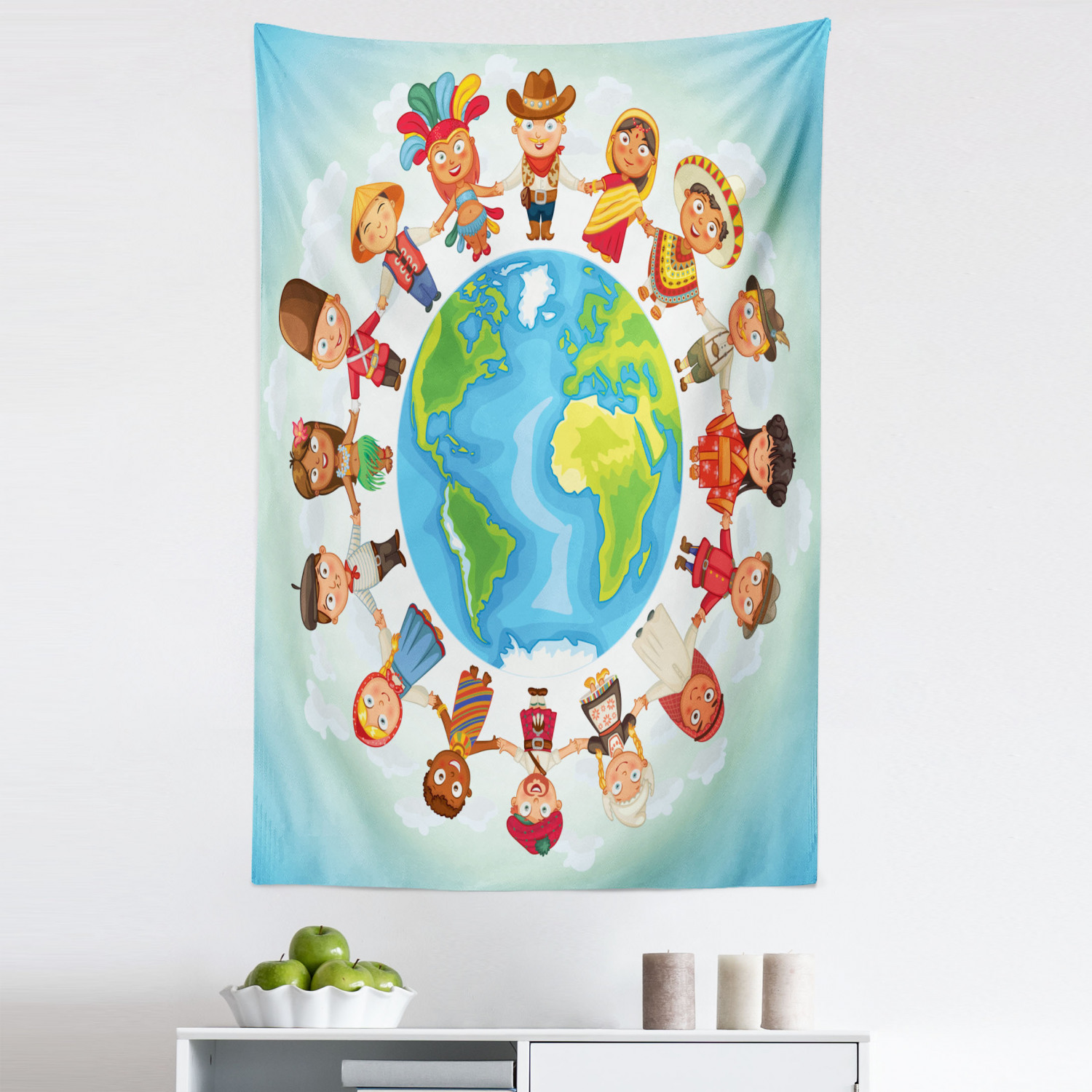 Multicultural Tapistry Earthy Tapestry, Planet Earth Surrounded with in Folk Costumes Cultural ...
