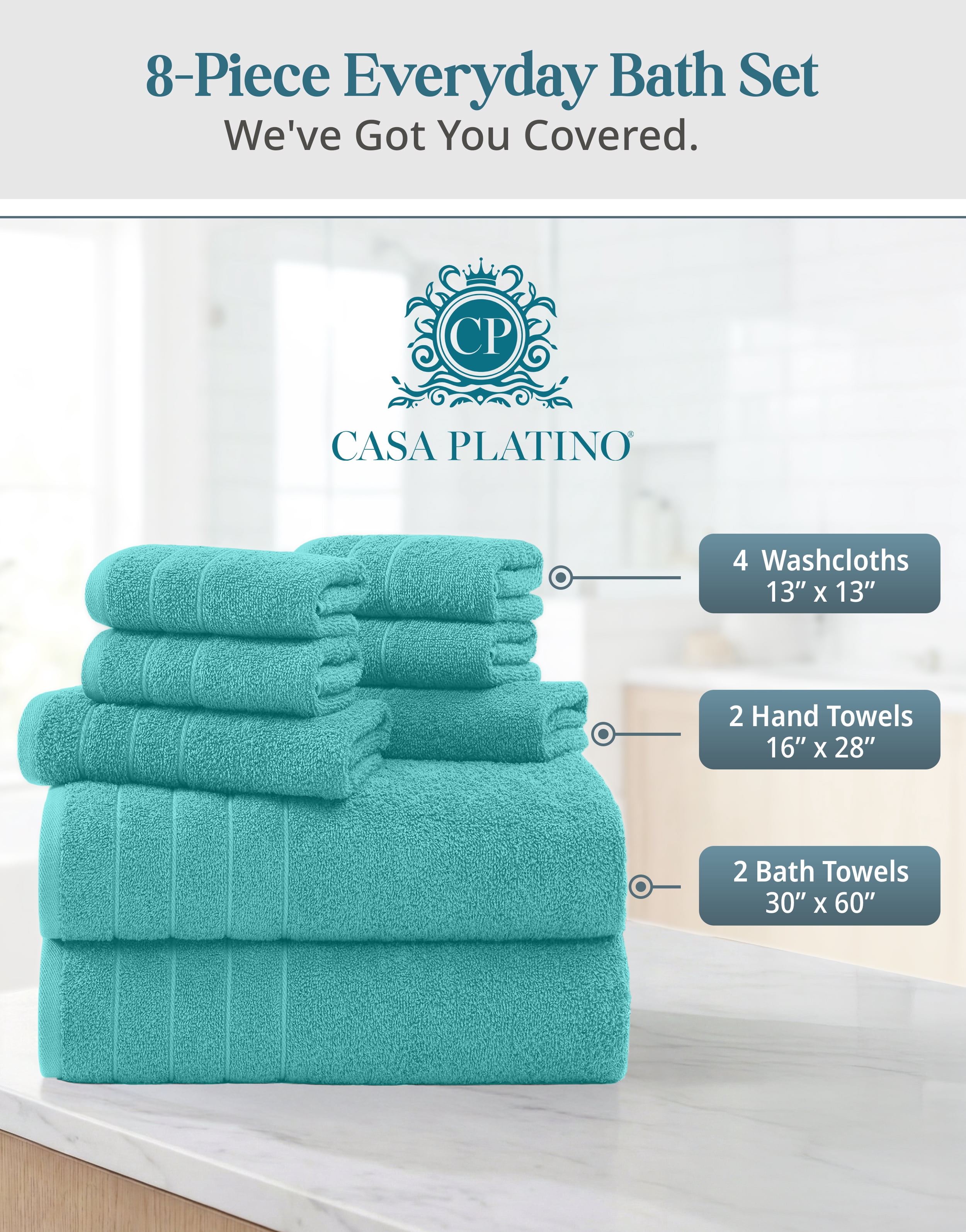 Casa Platino Bath Towel Set of 8 – 100% Ring-Spun Cotton with 2 Bath, 2 Hand Towels & 4 Washcloths, Ultra Soft, Quick-Dry, Ideal for Spa, Hotel & Everyday Use – Aqua Sky